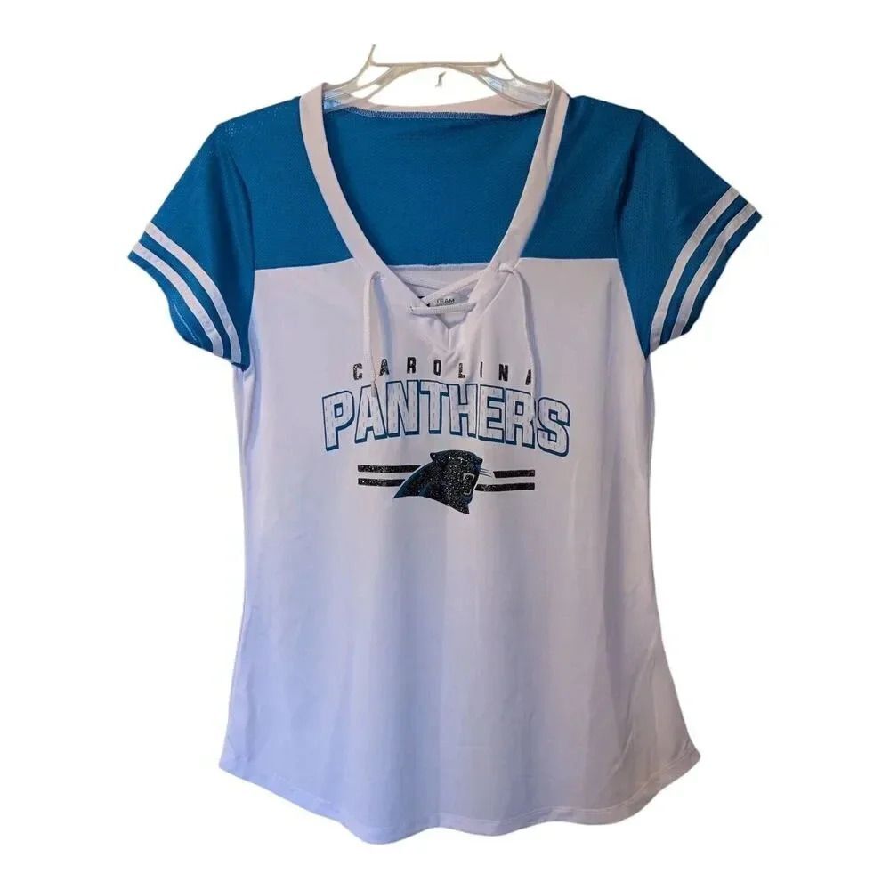 Carolina Panthers Women M Lace Front TShirt White Blue Glitter Panther Pristine